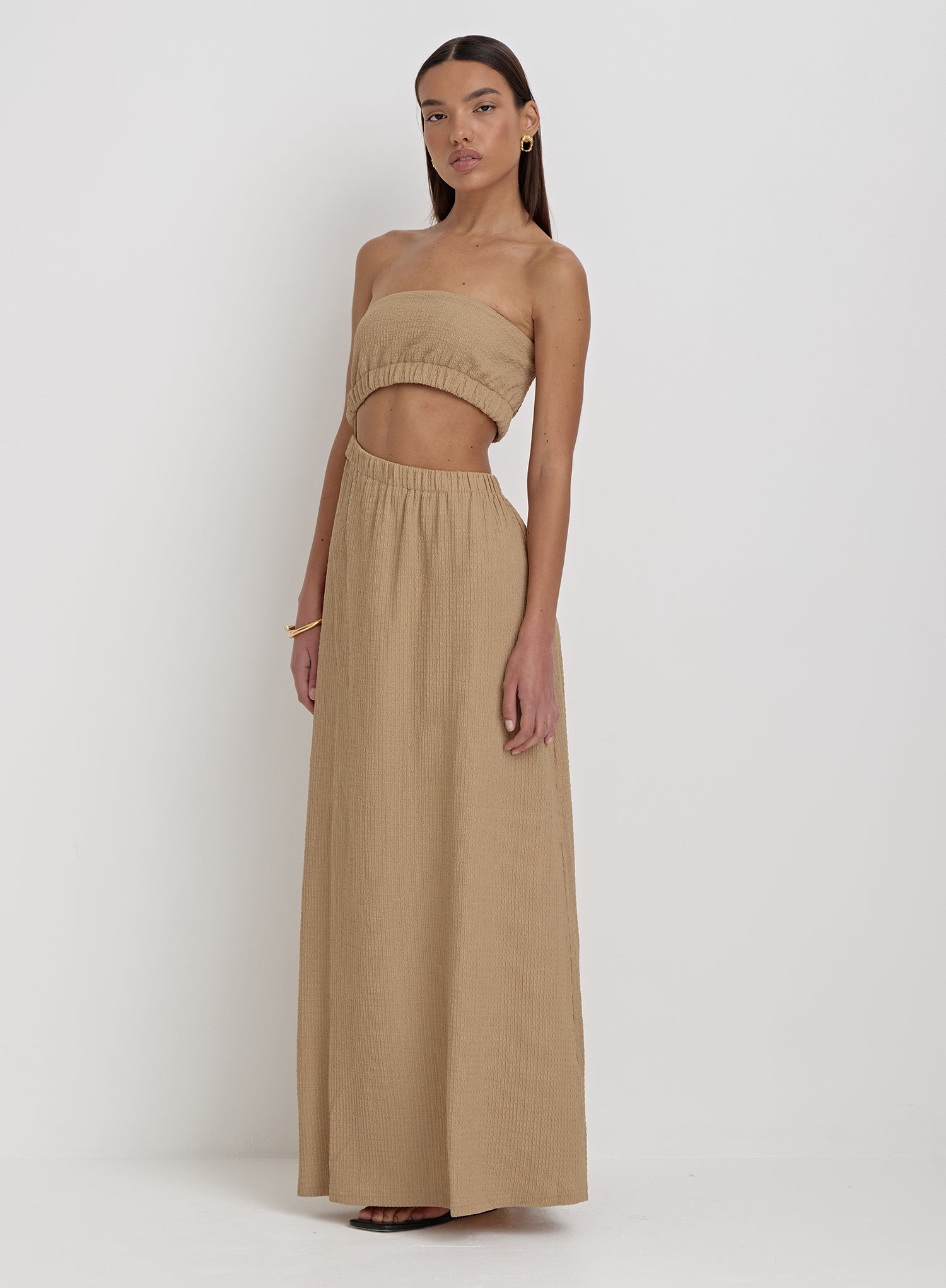 Camel Textured Cut Out Bandeau Maxi Dress